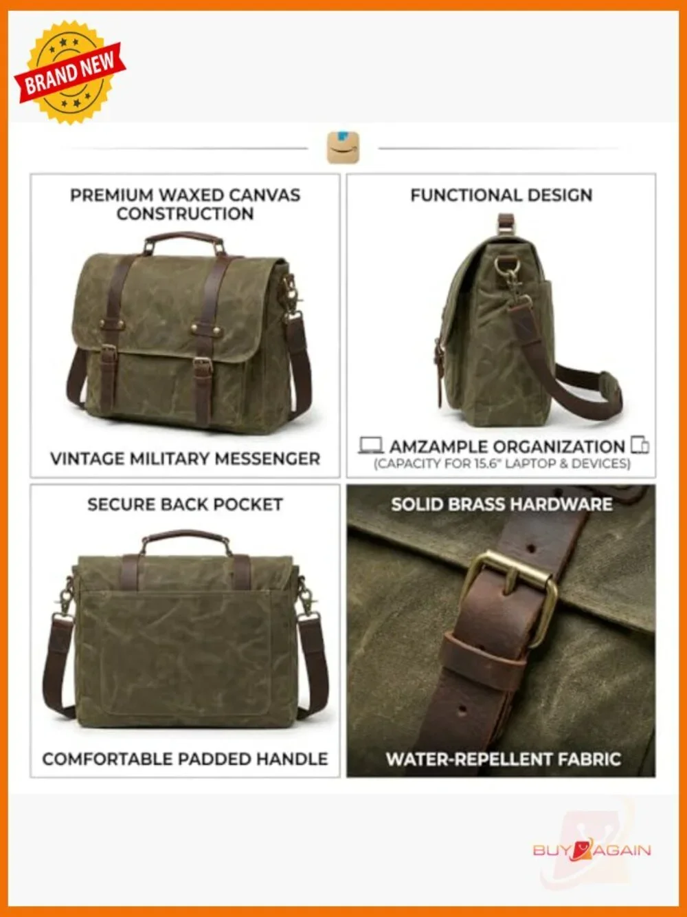 Vintage Messenger Bag 15.6 inch Laptop Briefcase Waxed Canvas Leather